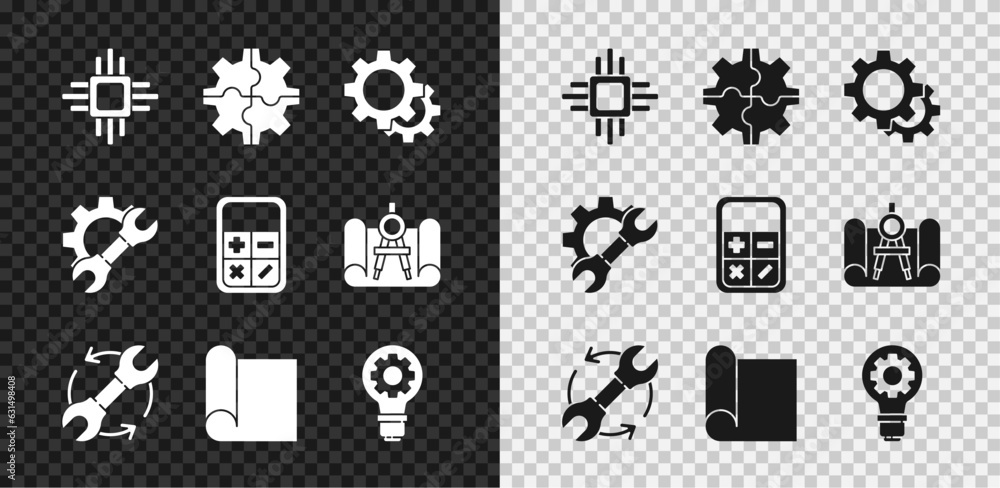 Poster set processor with microcircuits cpu, gear, wrench and arrows as workflow, graphing paper for engine