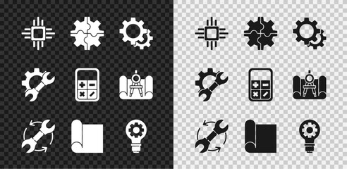 Set Processor with microcircuits CPU, Gear, Wrench and arrows as workflow, Graphing paper for engineering, Light bulb gear, spanner and Calculator icon. Vector