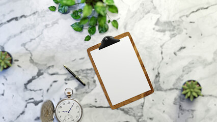 empty clipboard for write something, checklist, note. 3d rendering mockup top view on marble background with pen, plats, watch