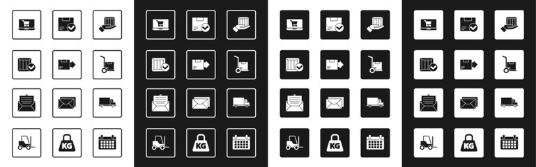 Set Delivery hand with boxes, Carton cardboard, Wooden check mark, Shopping cart laptop, Hand truck, Package, cargo vehicle and Envelope icon. Vector