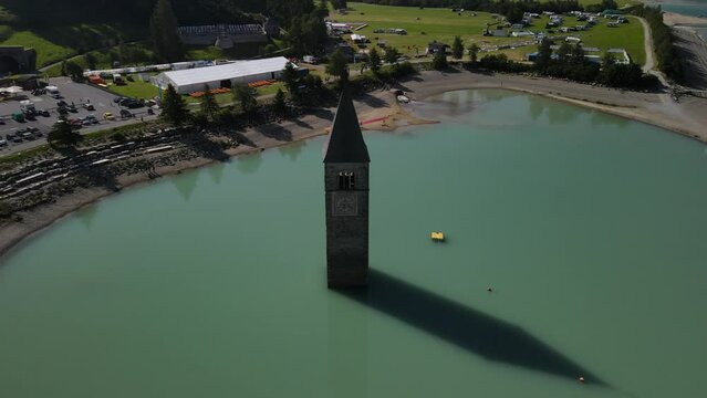 Lake Reschensee in Tirol with the sunken church tower