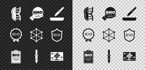 Fototapeta premium Set Genetically modified meat, GMO, Pipette, Document for bio healthy food, engineering modification, Label and icon. Vector