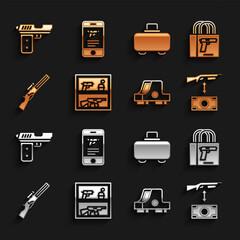 Set Hunting shop weapon, Buying gun pistol, assault rifle, Collimator sight, Weapon case, Pistol and Shop mobile app icon. Vector