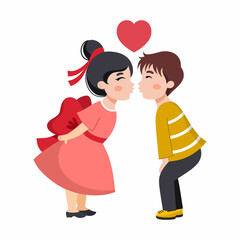 Boy kisses girl. Cute illustration with characters in love. Valentine Day greeting card. 14th of February.