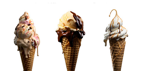 Set Chocolate Ice Cream Cone, side view with transparent background. AI Generative