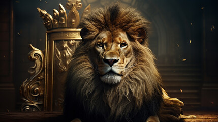 rei leão poderoso em seu trono  - obrazy, fototapety, plakaty