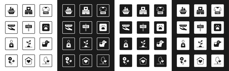 Set Clothes donation, Free sign, Donation food, box, Paw print, Volunteer center, Heart with dog and icon. Vector