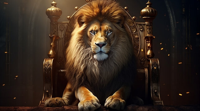 rei le&atilde;o poderoso em seu trono 