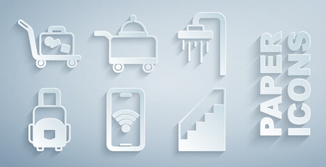 Fototapeta na wymiar Set Mobile with wi-fi wireless, Shower, Suitcase, Stairs, Covered tray of food and Trolley suitcase icon. Vector