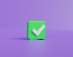 3D icon like or correct symbol icon isolated purple background, checkmark button, mobile app icon. 3d render illustration