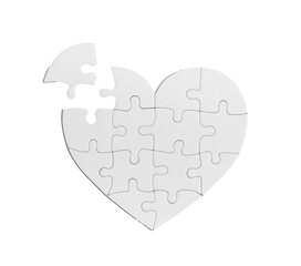 Incomplete heart puzzle with missing piece isolated on white background