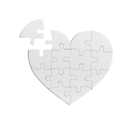 Incomplete heart puzzle with missing piece isolated on white background