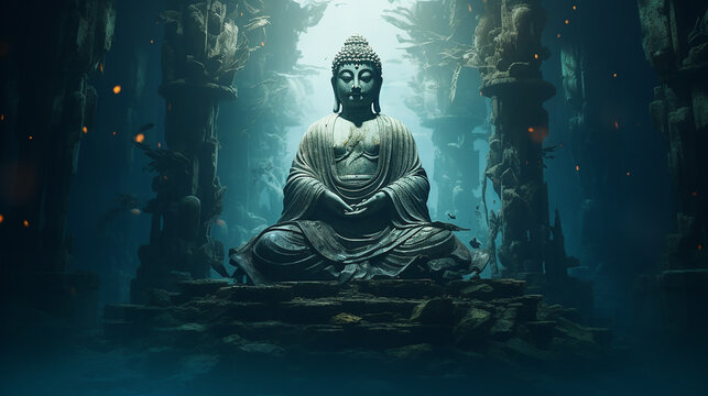 est&aacute;tua misteriosa de Buda no fundo das &aacute;guas do oceano 