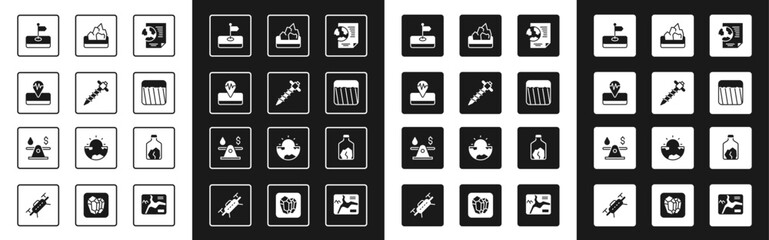 Set Earth globe with document, Construction jackhammer, Earthquake, Flag, Ground, Ore mining, and Oil money icon. Vector