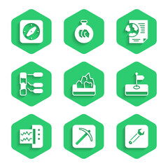 Set Ore mining, Pickaxe, Wrench spanner, Flag, Seismograph, Soil analysis, Earth globe with document and Compass icon. Vector