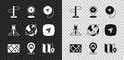 Set Road traffic sign, Map pin, marker with human, Gps device map, Location house, Folded location, and Satellites orbiting the Earth icon. Vector
