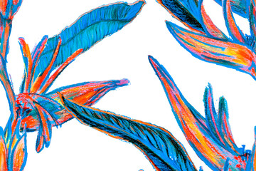 Obraz na płótnie Canvas Bird of Paradise Seamless Pattern for Swimwear. Blue and Indigo Strelitzia Feminine Exotic Design. Tropical Leaf Background. Large Polynesia Floral Print. Bird-of-Paradise Spring-Summer Tile