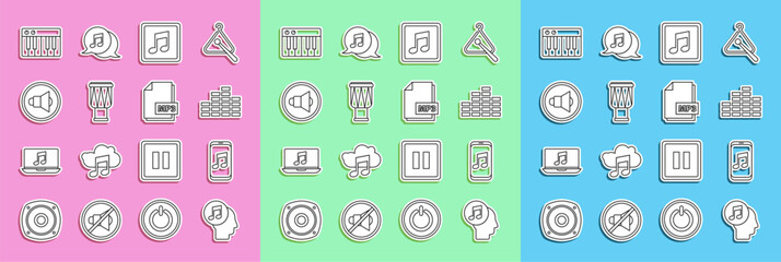 Set line Musical note in human head, player, equalizer, note, tone, Drum, Speaker volume, synthesizer and MP3 file document icon. Vector
