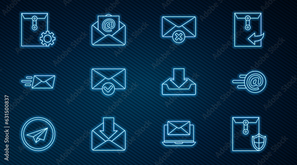 Poster set line envelope with shield, mail and e-mail, delete envelope, check mark, express, setting, downl