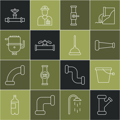 Set line Industry metallic pipe, Bucket, and valve, Electric boiler for heating water, and Rubber plunger icon. Vector