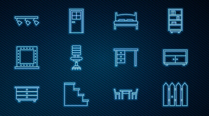 Set line Garden fence wooden, Chest of drawers, Big bed, Office chair, Makeup mirror with lights, Led track and lamps, desk and Closed door icon. Vector