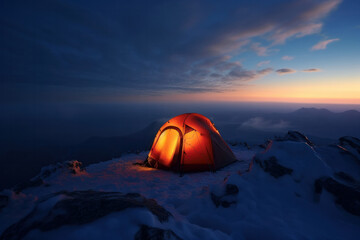 Camp under the stars in a snow-covered landscape at night. Find adventure in the winter wilderness. AI Generative