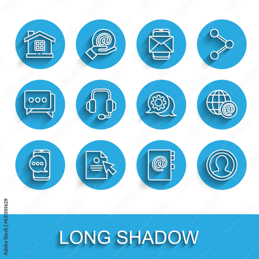 Poster set line chat messages notification on phone, document and cursor, house, address book, create accou
