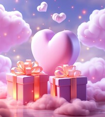 gift boxes with bow and heart on bokeh background with cloud, 3d style.