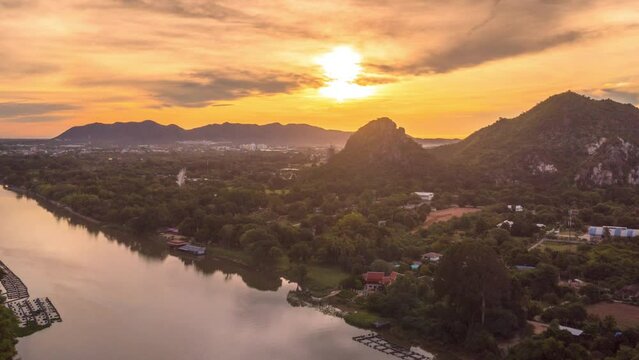 Aerial footage with a drone Beautiful scenery in the morning of the River Kwai, Kanchanaburi, Thailand.	