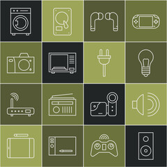 Set line Stereo speaker, Speaker volume, Light bulb with concept of idea, Air headphones, Microwave oven, Photo camera, Washer and Electric plug icon. Vector