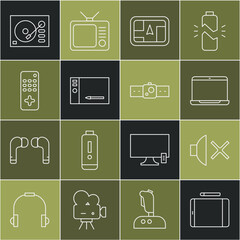 Set line Graphic tablet, Speaker mute, Laptop, Gps device with map, Remote control, Vinyl player and Smartwatch icon. Vector