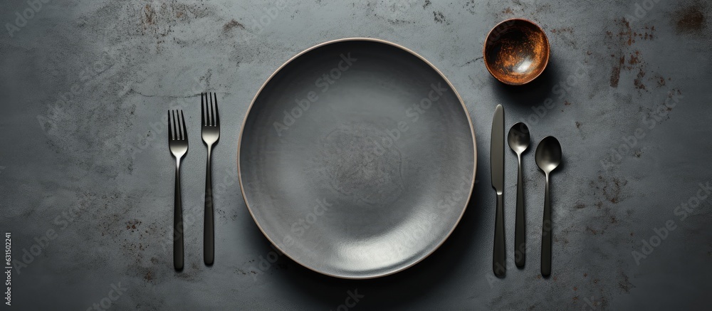 Poster a gray table with no food but with cutlery on top when viewed from above.