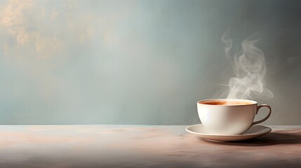 Obraz premium White Coffee Cup on Rustic Wooden Table against a Serene Wall Background