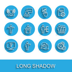 Set line Question mark, Head hunting, Hand like, Speaker, Users group and of man business suit icon. Vector