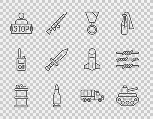 Set line Hand smoke grenade, Military tank, reward medal, Bullet, Stop, Sword, truck and Barbed wire icon. Vector