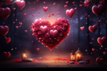 Valentines day background with heart shaped lights and candles on wooden table.