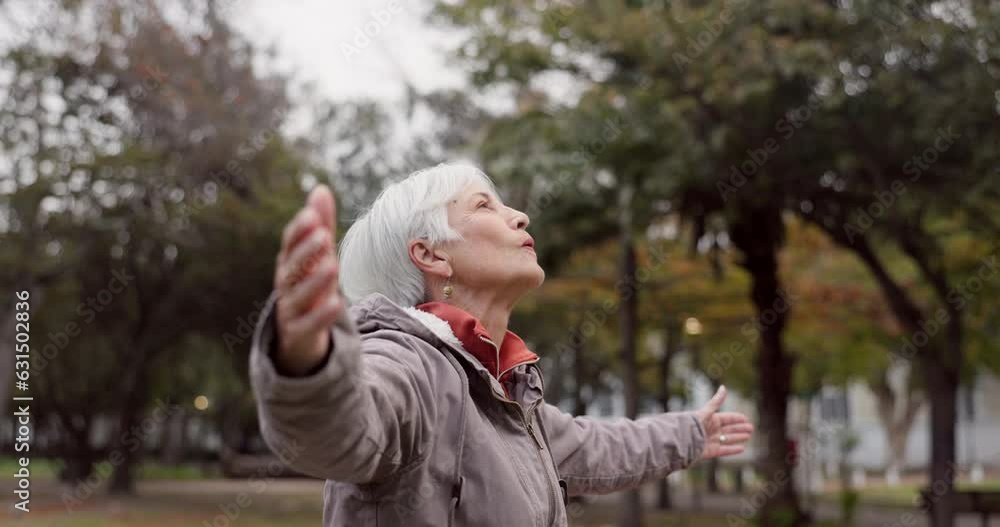 Poster Freedom, nature and elderly woman breathing on vacation, holiday journey and winter travel. Park, fresh air and senior person outdoor for peace, calm and celebration for health, wellness and relax.