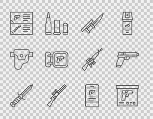 Set line Military knife, ammunition box, Bayonet rifle, Hunting gun, Weapon catalog, shop weapon, Shop mobile app and Pistol or icon. Vector