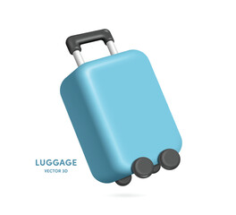 pastel blue suitcase or luggage with black plastic handles and four wheels for dragging minimal style floating in air
