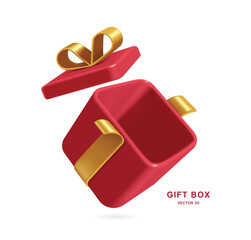 red empty gift box With an open lid tied with ribbon in golden bow. 3D vector for advertising design related to celebrations