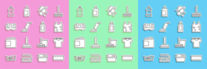 Set line Sponge, Drying clothes, Dirty t-shirt, Soap water bubbles, Vacuum cleaner, Bottle for cleaning agent and icon. Vector