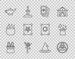 Set line Magician hat and rabbit ears, Masons, Three tarot cards, staff, lamp or Aladdin, Ancient magic book, Witch and icon. Vector
