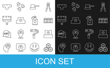 Set line Paint spray can, Spray nozzle cap, brush, Marker pen attachment and gun icon. Vector