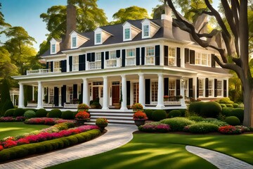 Nestled amidst a lush green landscape, a charming colonial house stands with grace and elegance