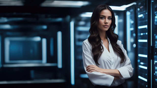 businesswoman in a high-tech server room, surrounded by racks of servers and AI systems. visionary IT professional at the forefront of technological advancements. Expertise cutting-edge technology.