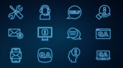 Set line Question and Answer, Speech bubble with text Help, Monitor information, New, email incoming message, Screwdriver wrench spanner, chat and Man headset icon. Vector