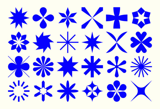 Blue symbols set. Abstract and basic shapes. Geometric forms. Minimalist icons. Flat vector concept. Modern signs. Isolated elements. Neo geo art.