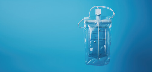 IV infusion saline bag with liquid inside isolated on flat blue background with copy space, minimal medical banner template. 3d render illustration style. 