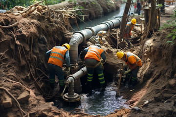 Unrecognizable workers repairing the sewage system - obrazy, fototapety, plakaty