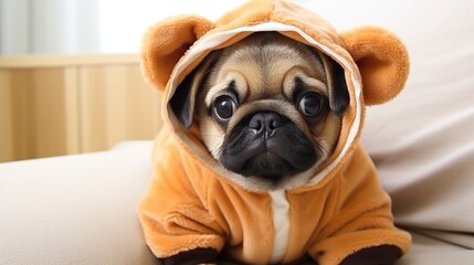 Funny pug puppy wearing clothes sitting on the couch. Cute pup dressed in yellow outfit. Domestic...